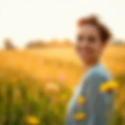 A person smiling while standing in a sunny field with flowers, symbolizing positivity and happiness.