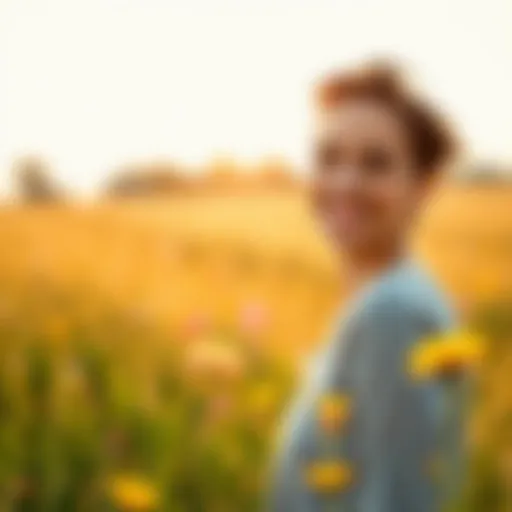 A person smiling while standing in a sunny field with flowers, symbolizing positivity and happiness.