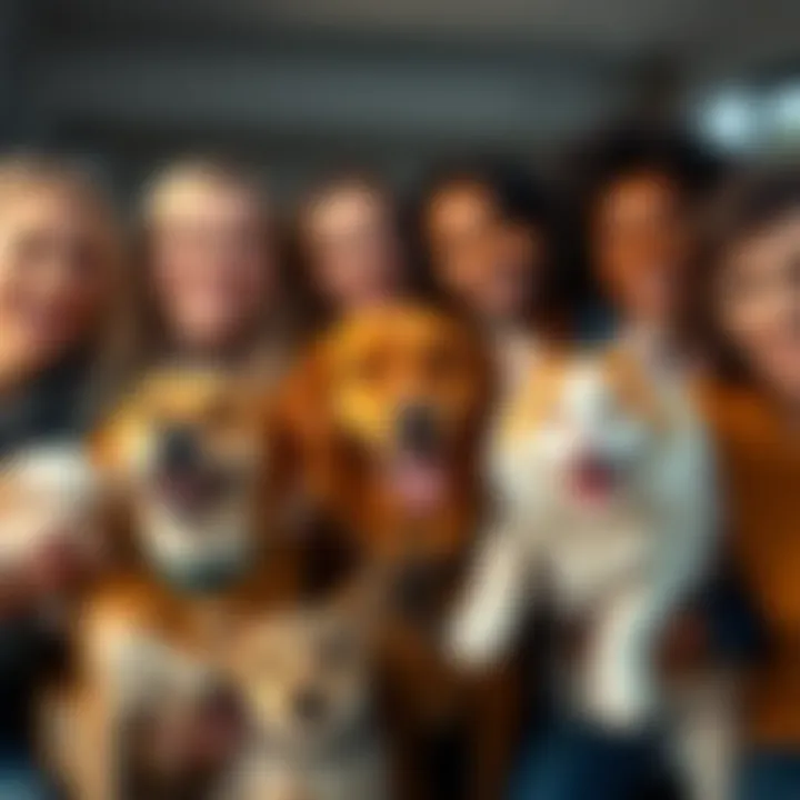 A group of smiling people showing off their pets, including dogs and cats, celebrating the joy of companionship.