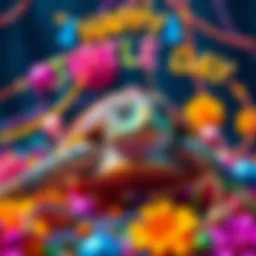 A cheerful turtle surrounded by colorful decorations for Happy Turtle Day, promoting awareness of turtles.