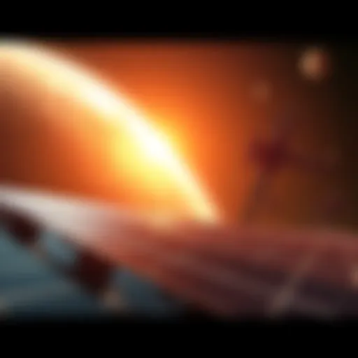 A futuristic scene showing humanity using technology to capture energy from a star, with solar panels and satellites in space