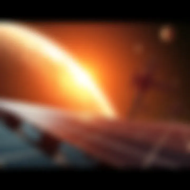 A futuristic scene showing humanity using technology to capture energy from a star, with solar panels and satellites in space