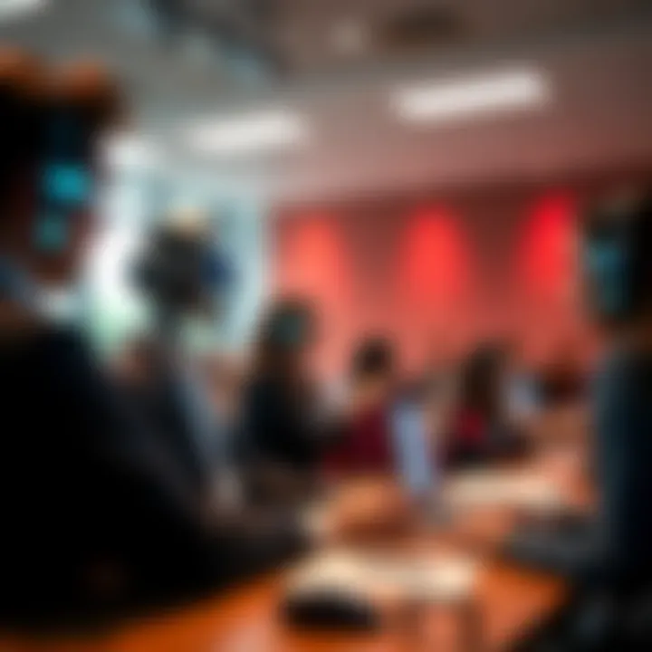 A visual representation of Harvard Business School's A.I. course, featuring A.I. avatars of faculty members engaging with students in a classroom setting.