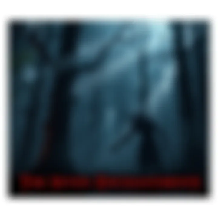 A dark forest with eerie trees, shadows lurking, and a supernatural entity resembling a Leshy. Players must use stealth to survive.