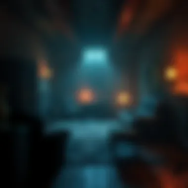 A dark room with shifting shadows and eerie lighting, showcasing unsettling elements like distorted furniture and flickering lights, creating a sense of dread.