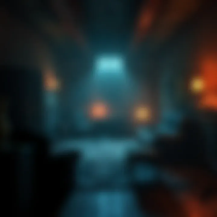 A dark room with shifting shadows and eerie lighting, showcasing unsettling elements like distorted furniture and flickering lights, creating a sense of dread.