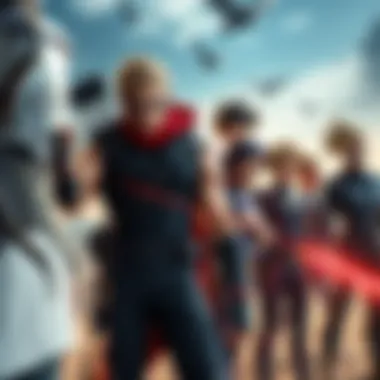 Marvel's Hawkeye stands alongside several My Hero Academia pro heroes, showcasing their unique outfits and powers in a dynamic scene.