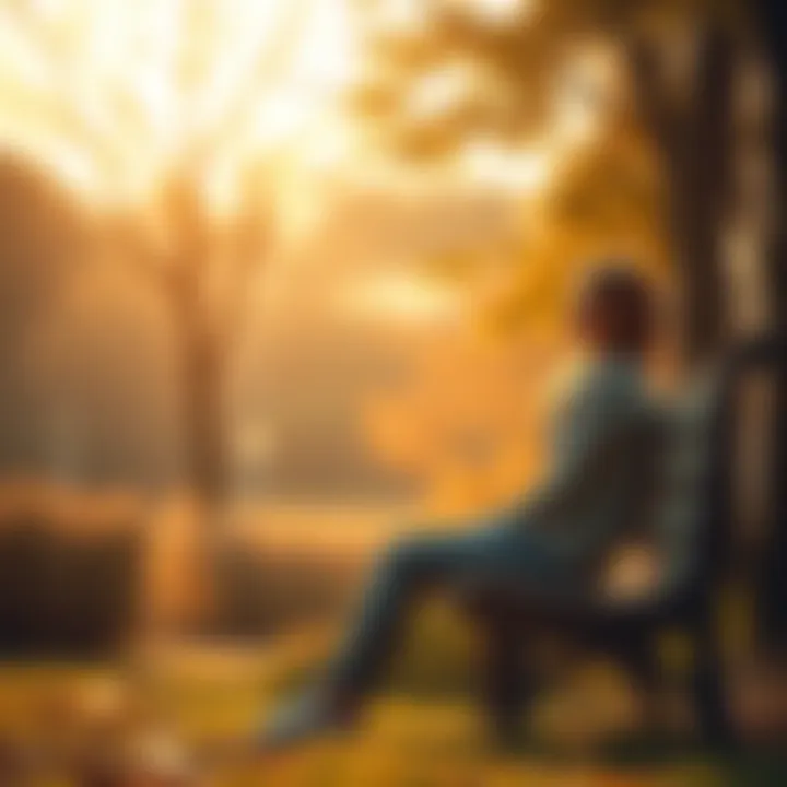 A person sitting on a park bench, looking contemplative and peaceful, surrounded by nature, symbolizing the search for comfort and healing from trauma.