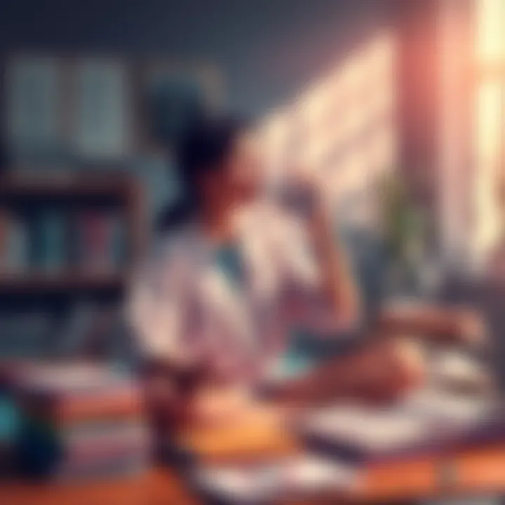A person practicing self-care by meditating and drinking water while surrounded by books and study materials
