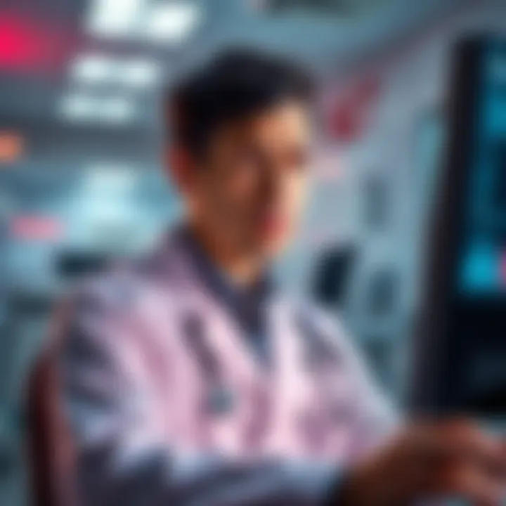 A doctor looking worried while reviewing health data on a computer screen, with an emergency room in the background.