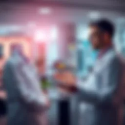 A doctor and a finance expert discussing technology solutions in a modern office setting, focusing on healthcare and finance challenges.