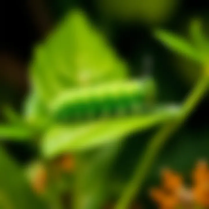 Healthy Caterpillar on Leaf A vibrant green caterpillar resting on a leaf, surrounded by fresh foliage, symbolizing growth and health.