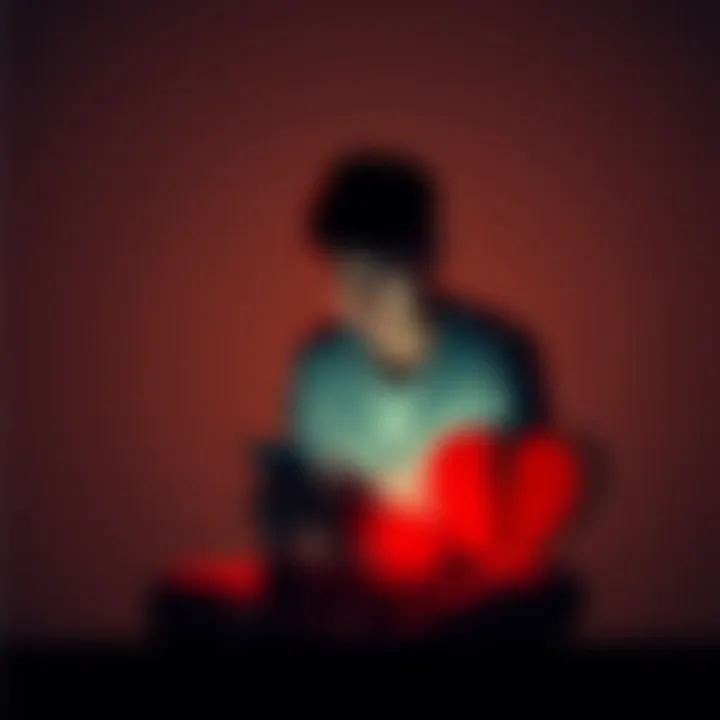 A sad person sitting alone, looking at their phone with a broken heart symbol nearby, representing the emotional impact of love scams.