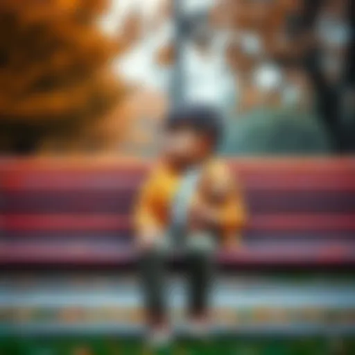 A small boy sitting on a park bench, looking hopeful while holding a teddy bear, showing his resilience despite challenges.