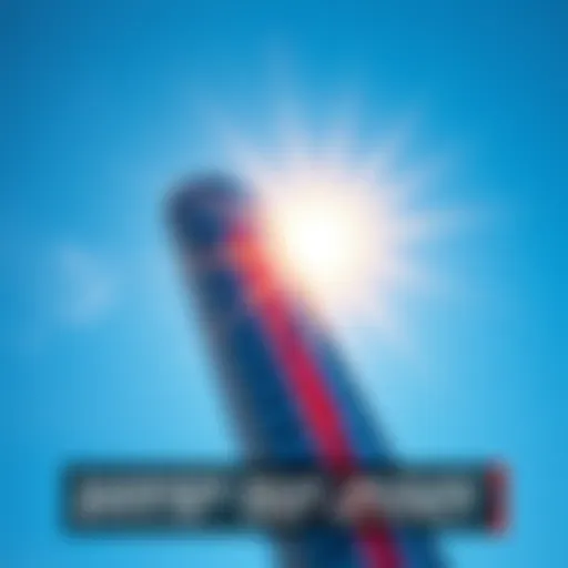 A sun blazing in a clear blue sky with a thermometer showing high temperatures.