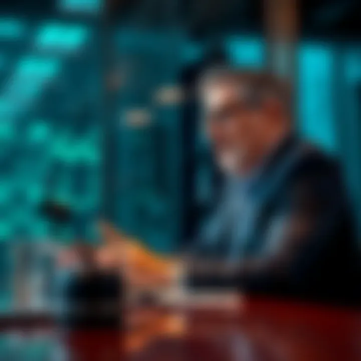 Hedge Fund Executive Discussing AI A hedge fund executive speaking about the potential impact of artificial intelligence on the market in a boardroom setting.