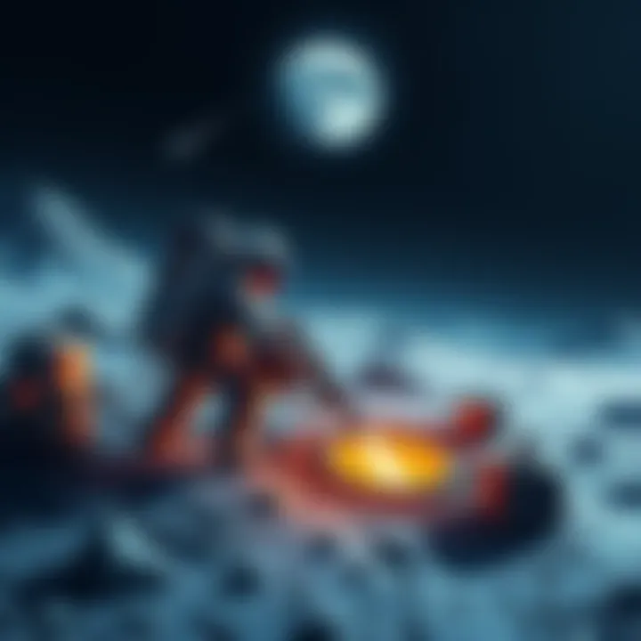 An illustration of astronauts mining helium-3 on the lunar surface with Earth visible in the background.