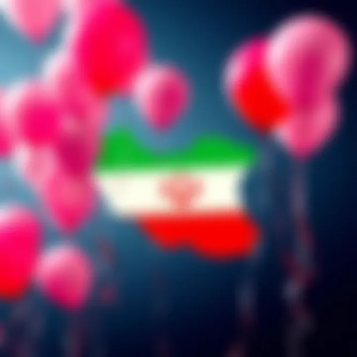 A collection of helium balloons floating near a map highlighting Iran, representing the impact of conflict on helium supply for technology