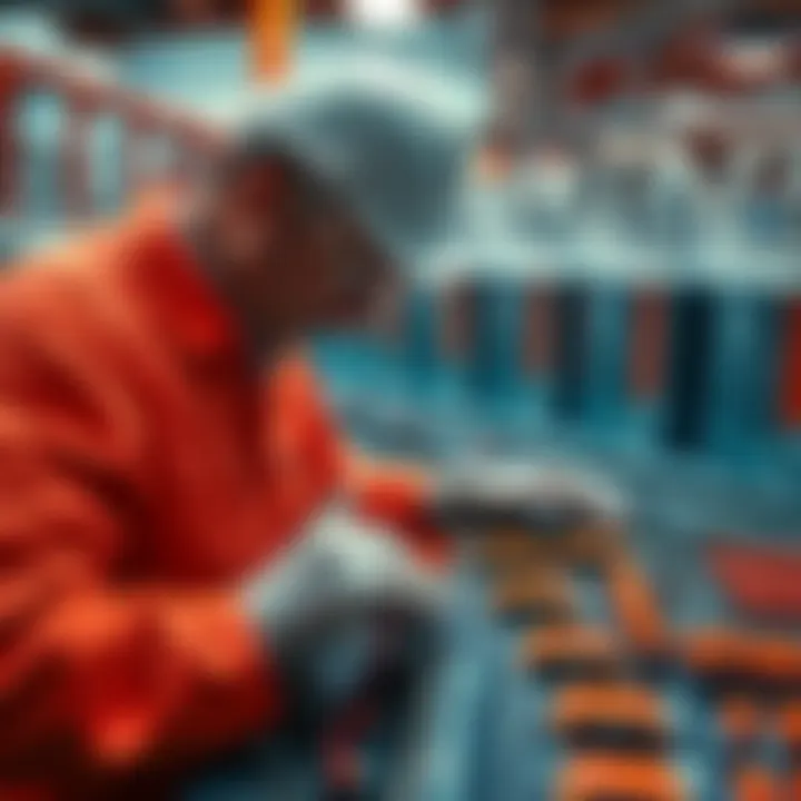 A factory worker examining a chip board with empty helium tanks in the background, highlighting the helium shortage's impact on production.