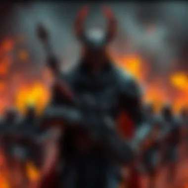 A powerful Hellish Commander in dark armor, leading troops in a fiery battlefield, showcasing intense military strategies.