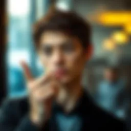 A person with a thoughtful expression, raising a hand slightly, symbolizing a request for help without offering details.