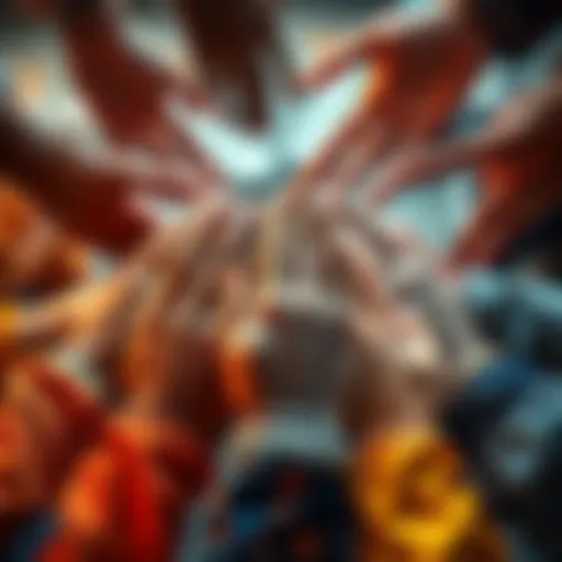 A group of diverse people offering support and assistance to others in need, symbolizing community help and collaboration.