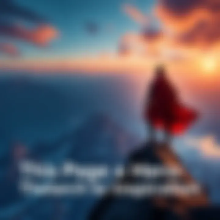 A person standing confidently atop a mountain peak A figure in a cape stands on a mountain peak, looking out at the horizon, symbolizing inspiration and heroism.