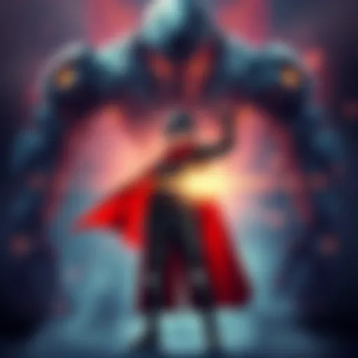 A person dressed as an anime hero, standing confidently against a menacing AI figure with digital elements, showcasing a dramatic confrontation.