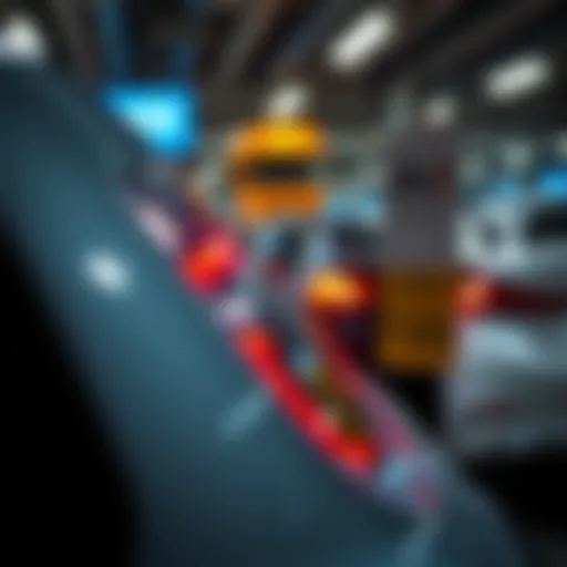 A close-up of a car with a small dent being inspected by an AI scanner at a rental car lot, with a price tag showing $350 for damage.