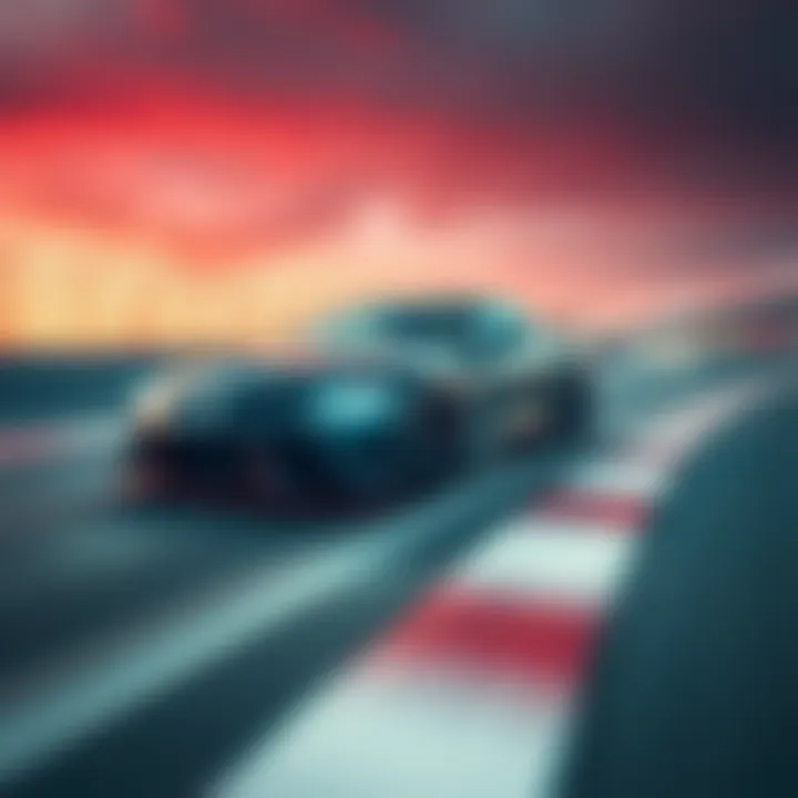 A sleek sports car on a racetrack demonstrating peak horsepower with blurred motion effects