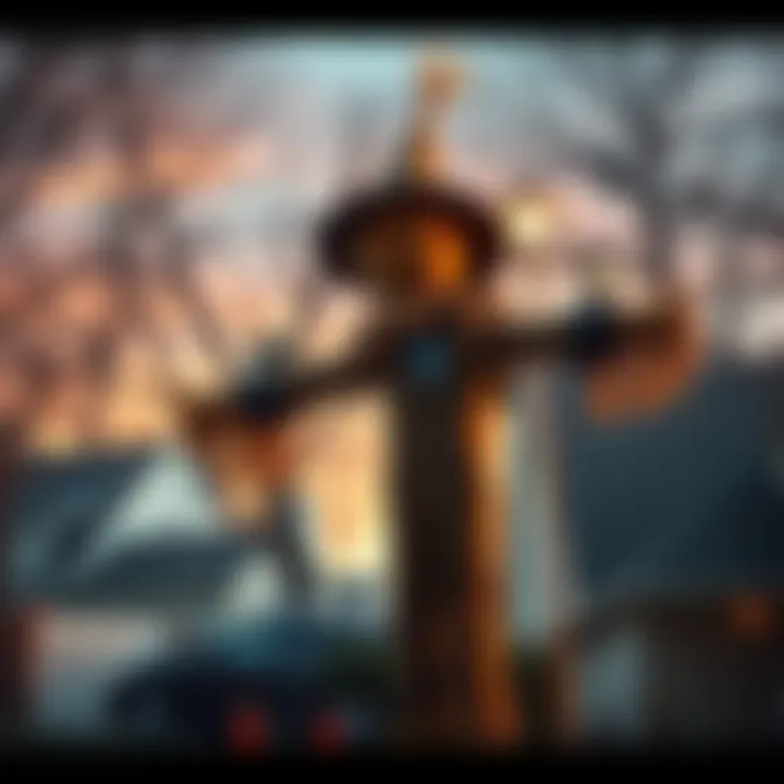 A high-tech scarecrow equipped with cameras stands in a neighborhood, monitoring the area for safety.