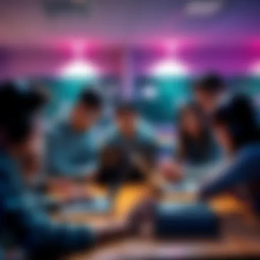 Students and teacher gathered around laptops discussing ideas for a game development project.