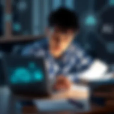 A young person sits at a desk, looking at a laptop with AI-related images and notes scattered around
