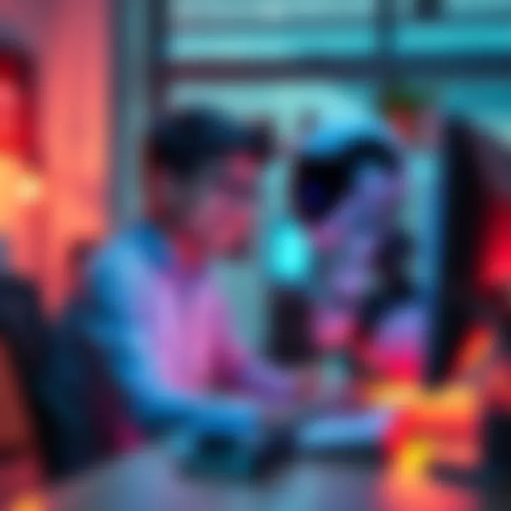 A high school student sits at a desk, smiling while chatting with a friendly AI chatbot on a computer screen, symbolizing romance in the digital age.