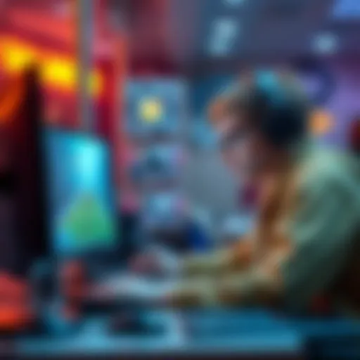 A high school student working on a computer, using AI tools to code a video game, with game graphics visible on the screen.