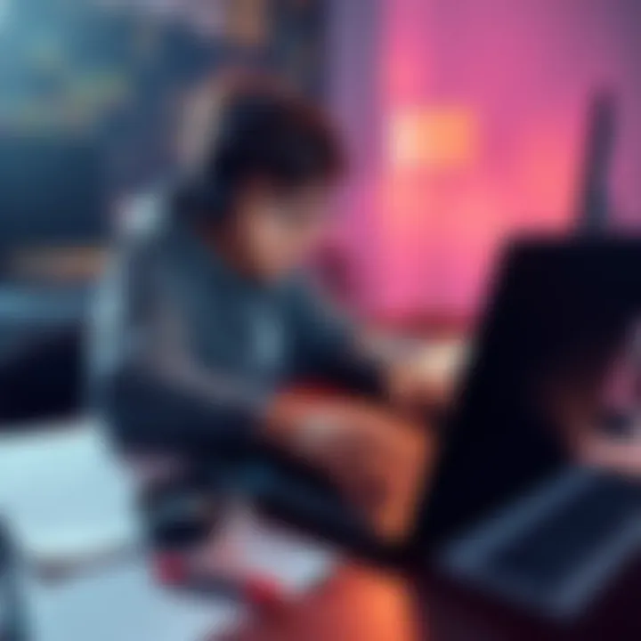 A high school student is focused on designing graphics for a top-down style video game on a laptop, with sketches and notes around them.