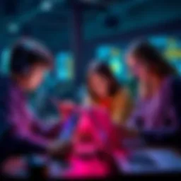 A group of high school students working together on laptops, exploring AI concepts and building a language model.