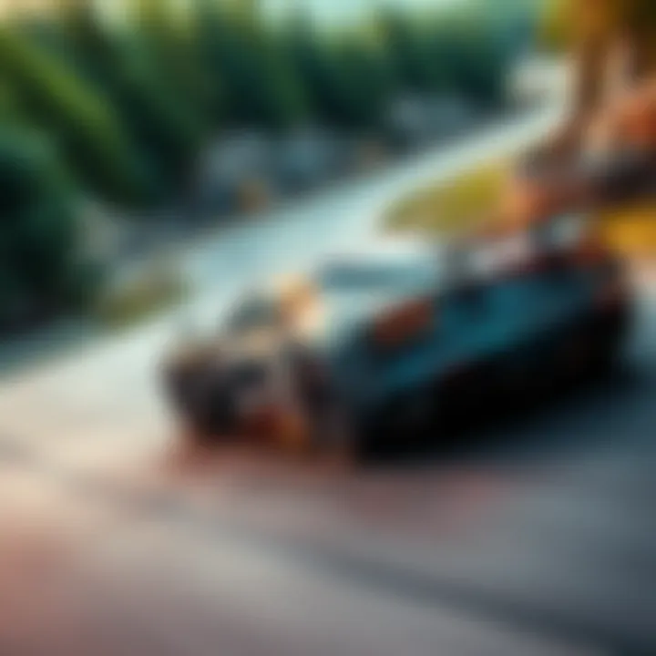 A sleek sports car racing down a winding road, capturing the thrill of fast driving.