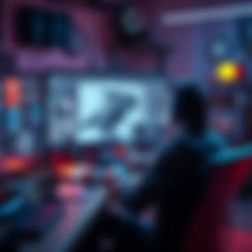 Highpoly Sculpting Session A person working on a highpoly sculpture in a digital workspace, with glowing tools and reference images on the screen.