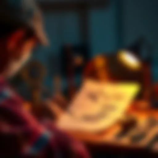 A design artist tracing a historic object photograph for inspiration, with copyright symbols in the background.