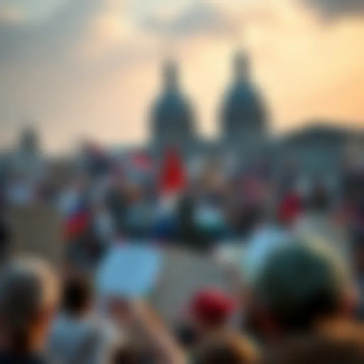 Historical Movement Gathering A group of people from the early 1900s holding banners and signs for their cause, with historical buildings in the background.