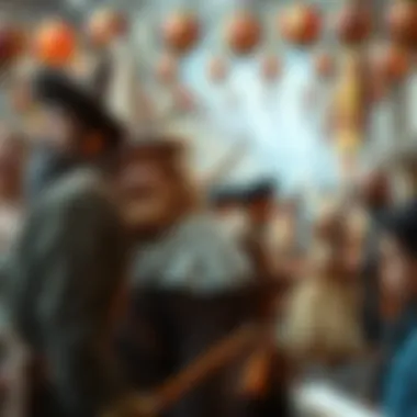 A lively gathering showcasing characters inspired by Hobbitises, featuring unique costumes and creative displays of cultural elements.