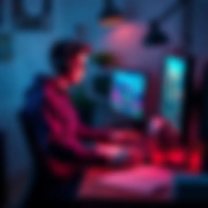 A hobbyist game developer creates a game on their computer, surrounded by sketches and game design notes.