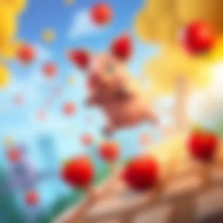 A cartoon pig jumping over obstacles and collecting apples in a colorful 2D endless runner game