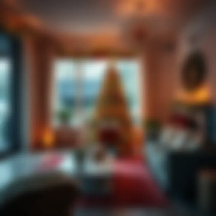 A cozy living room decorated for the holiday season with a Christmas tree, lights, and stockings.