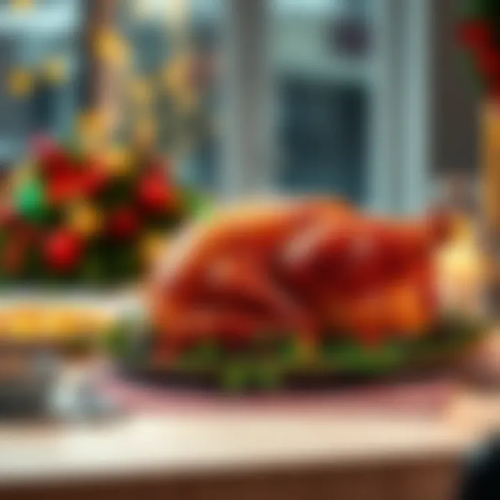 A beautifully roasted holiday turkey displayed on a festive table with side dishes and decorations.