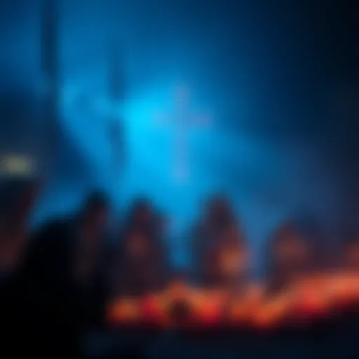 A group of people participating in the Hollow Saint Ritual at night, surrounded by candles and a serene atmosphere.