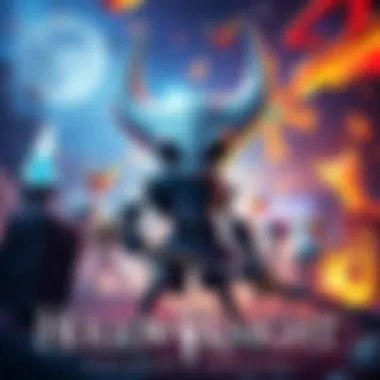 Art featuring the main character from Hollow Knight surrounded by various game elements and colorful backgrounds