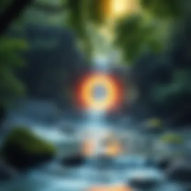 A holographic tunnel glowing in a peaceful waterfall forest, surrounded by lush trees and flowing water.