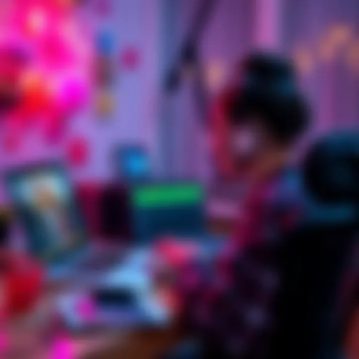 A person editing a J-Pop or K-Pop music video on a laptop with audio editing software, surrounded by colorful decorations and music notes.